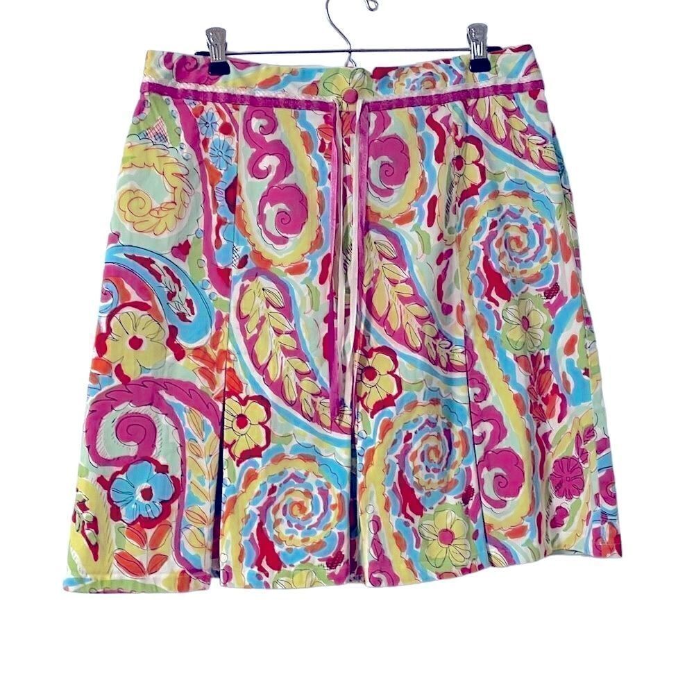 New York City Design Co. mod paisley print flat pleat skirt ribbon trim 14